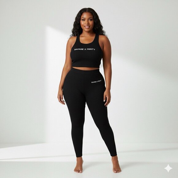 Savage X Fenty Black Bodycon Legging + Cropped Top Split Sides Set Sz L - Picture 1 of 5
